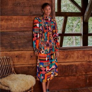 Farm Rio Tropical Shapes Multicolor smocked MIDI dress